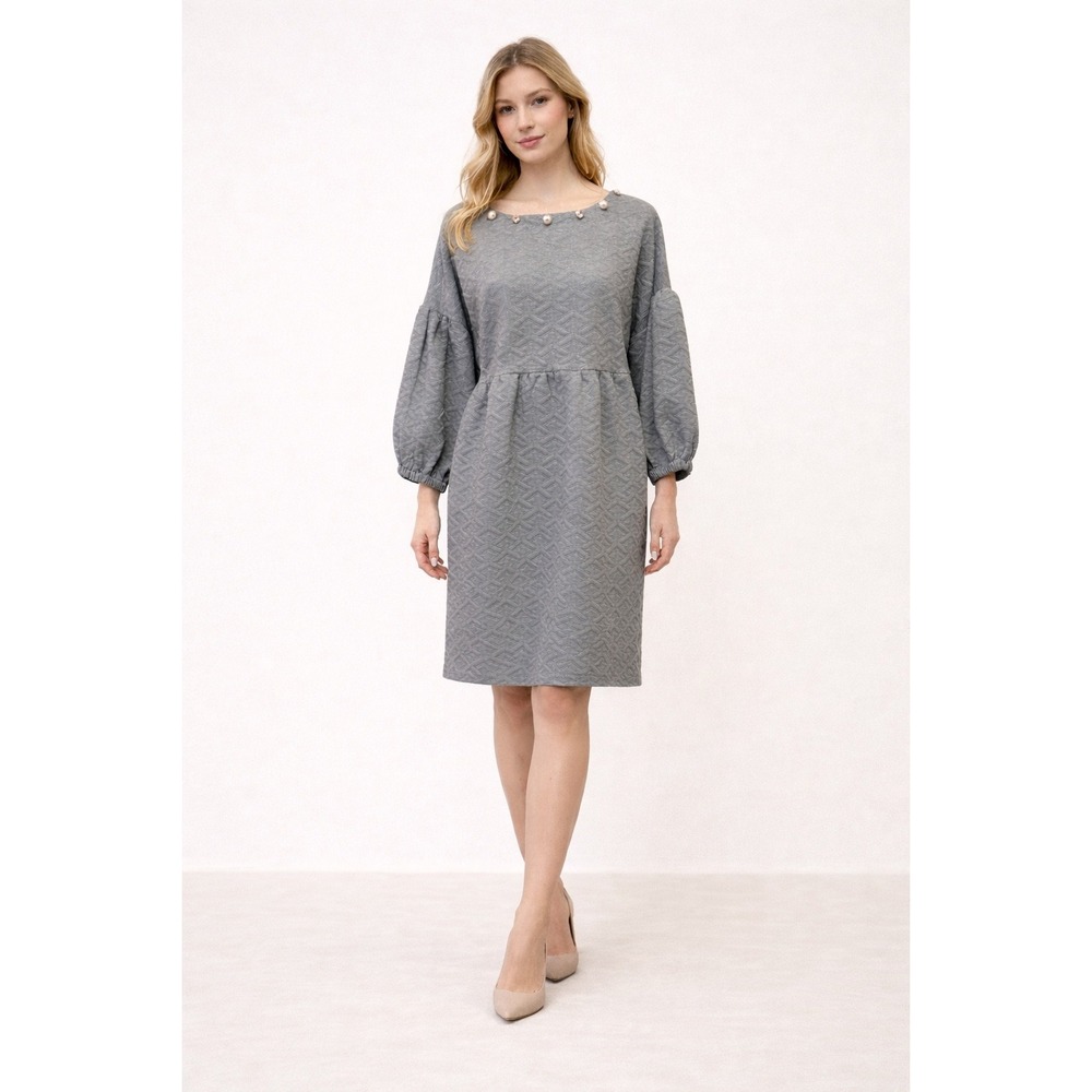 Simply Southern Quilted Dress Gray Geometric Pearl Button Puff Sleeve Large NEW
